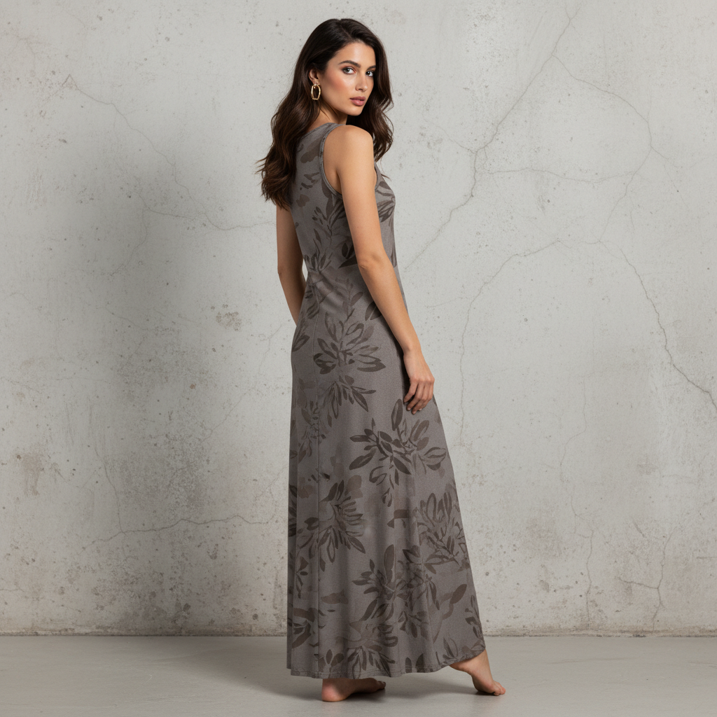 Modal and Polyester Long Sleeveless Dress with Floral Print for Women