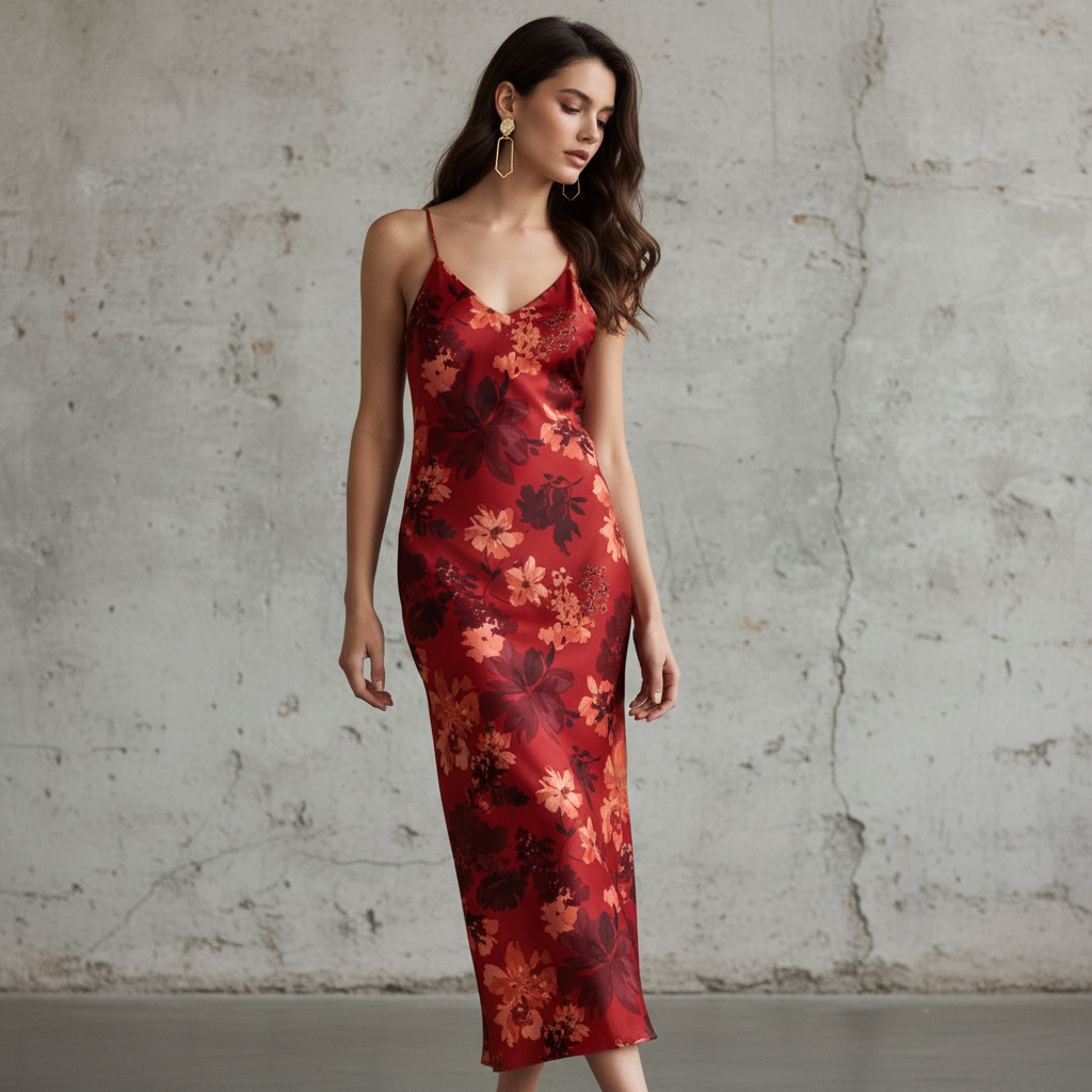 Silk Satin Floral Print Slip Dress for Women - Elegant V-Neck Midi Length Bodycon Dress with Thin Straps