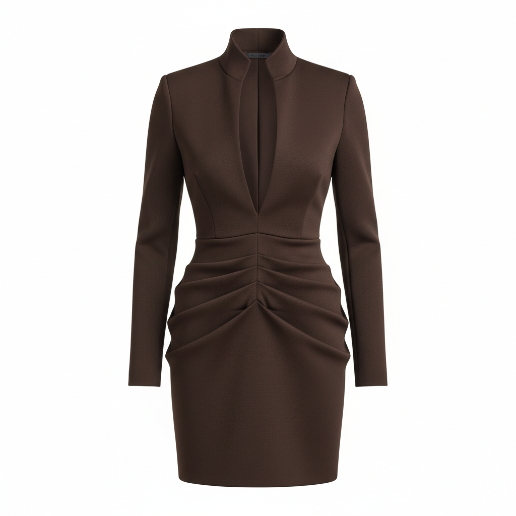 Satin-Like Fitted Bodycon Dress with Deep V-Neck and Ruched Waist for Women