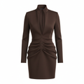 Satin-Like Fitted Bodycon Dress with Deep V-Neck and Ruched Waist for Women