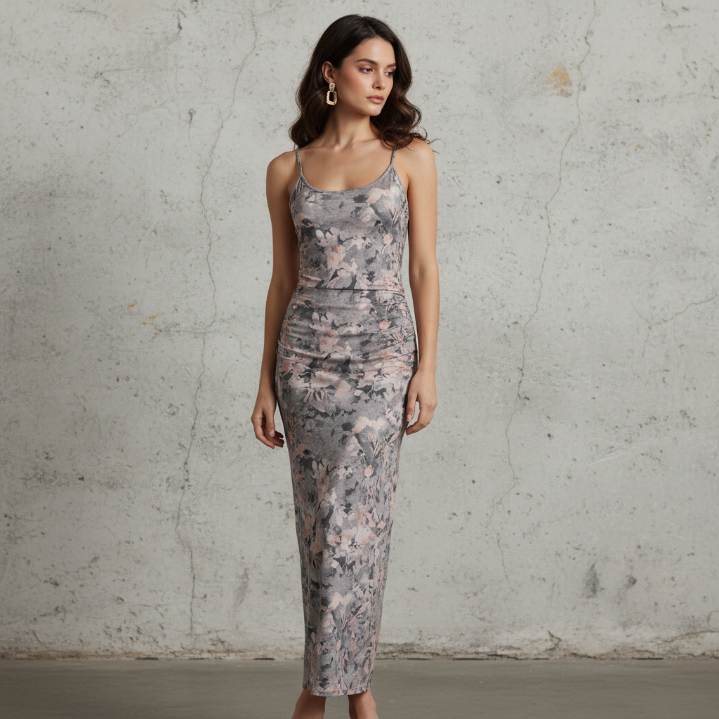 Silk-Like Floral Print Maxi Dress with Ruched Waist and Thin Straps for Women