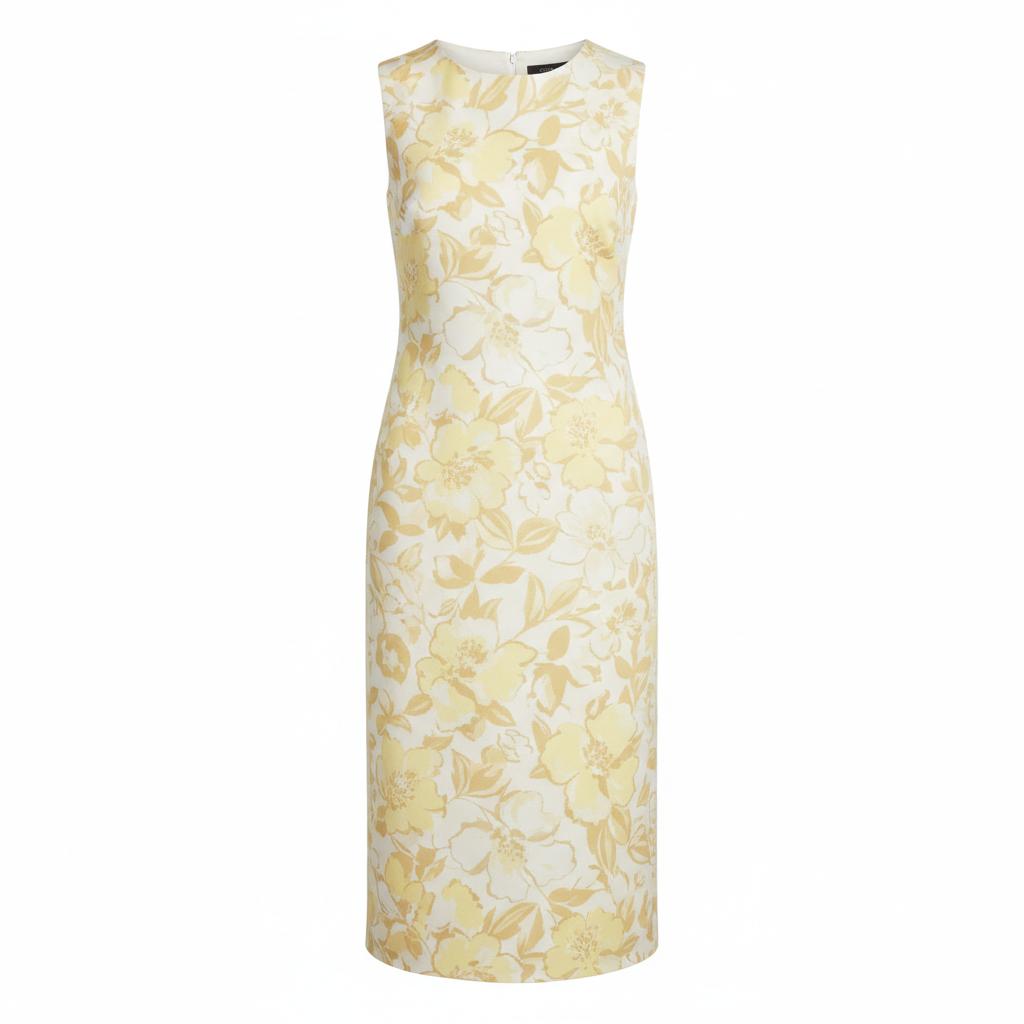 Silk-Like Sheath Dress with Yellow Floral Print - Elegant Mid-Length Sleeveless Women's Dress
