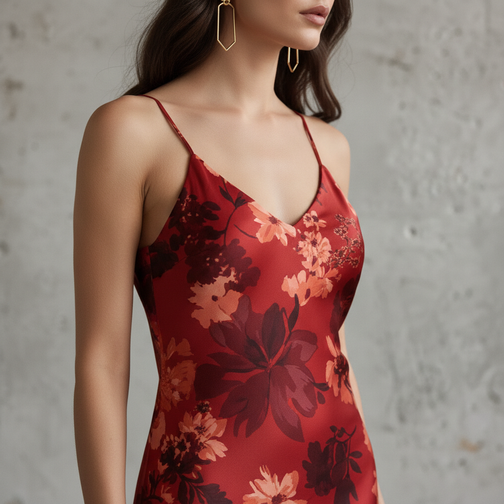 Silk Satin Floral Print Slip Dress for Women - Elegant V-Neck Midi Length Bodycon Dress with Thin Straps