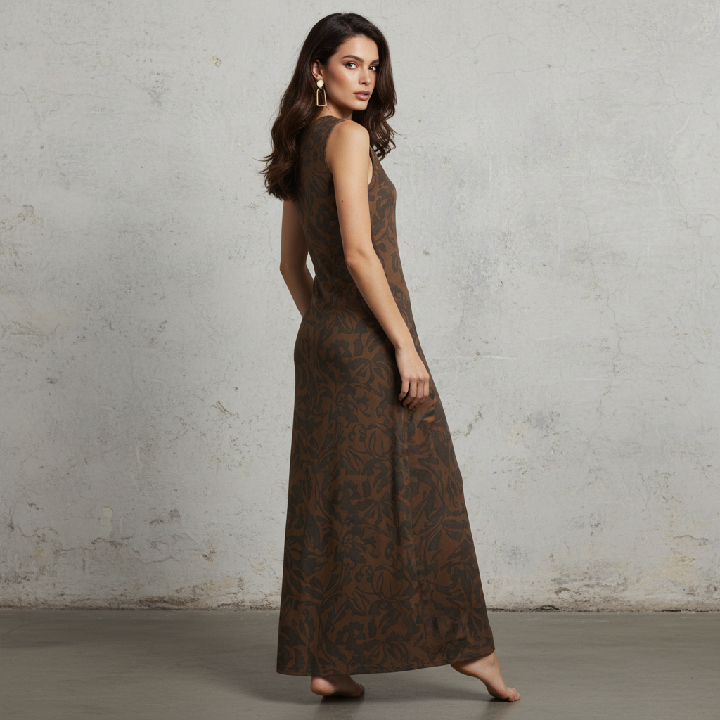 Silk-Like Sheer Floral Print Sleeveless Long Dress for Women Elegant Bodycon Maxi Dress